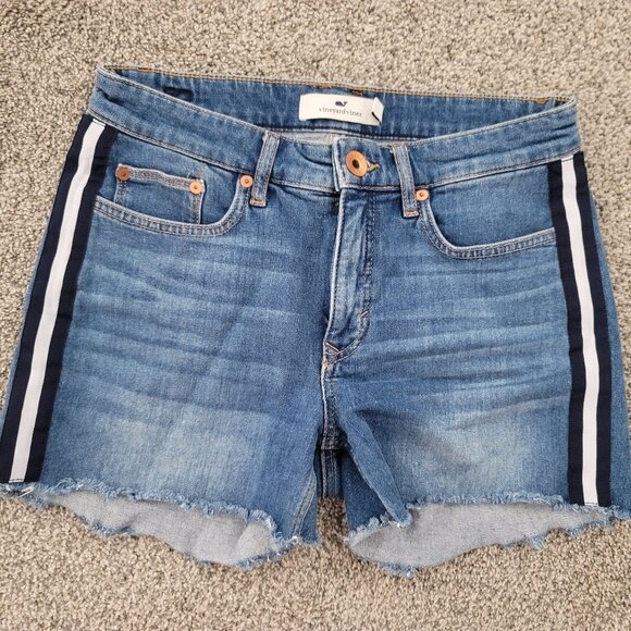 Vineyard Vines Size 26 Jamie Striped Grosgrain Jean Cutoff Short Blue Denim - Picture 1 of 9